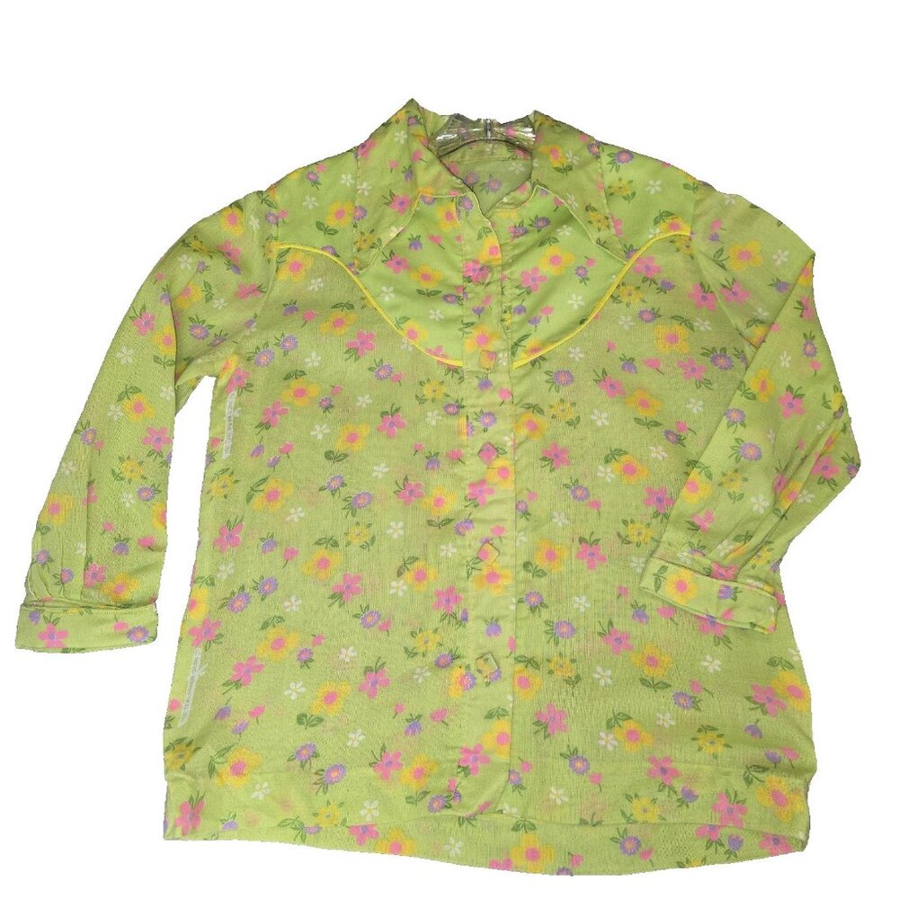 Vtg 1970s Flower Power Button Up Shirt Western‎ Yoke Piping Green Pink Yellow